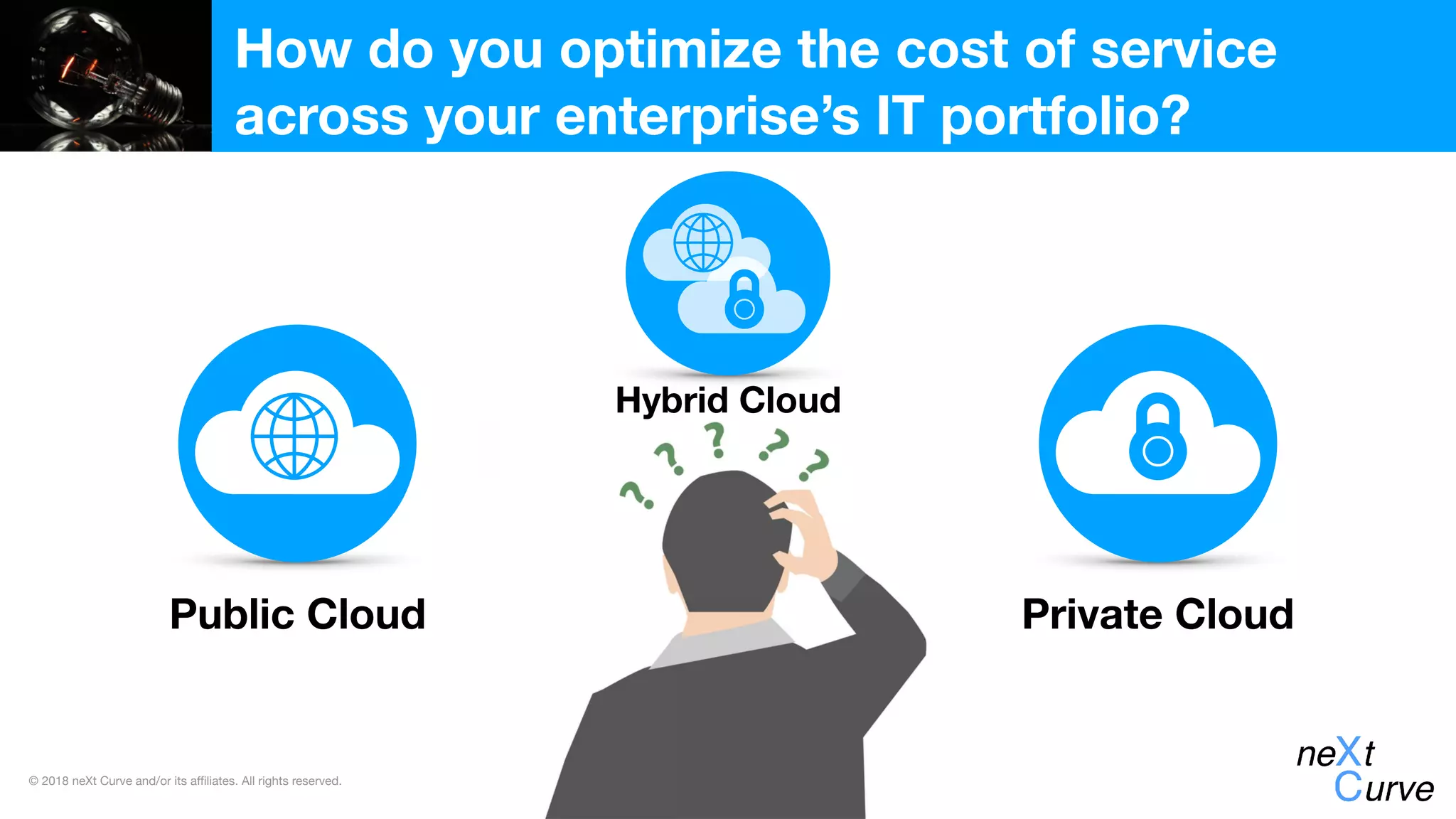 © 2018 neXt Curve and/or its affiliates. All rights reserved.
How do you optimize the cost of service
across your enterprise’s IT portfolio?
Public Cloud Private Cloud
Hybrid Cloud
 