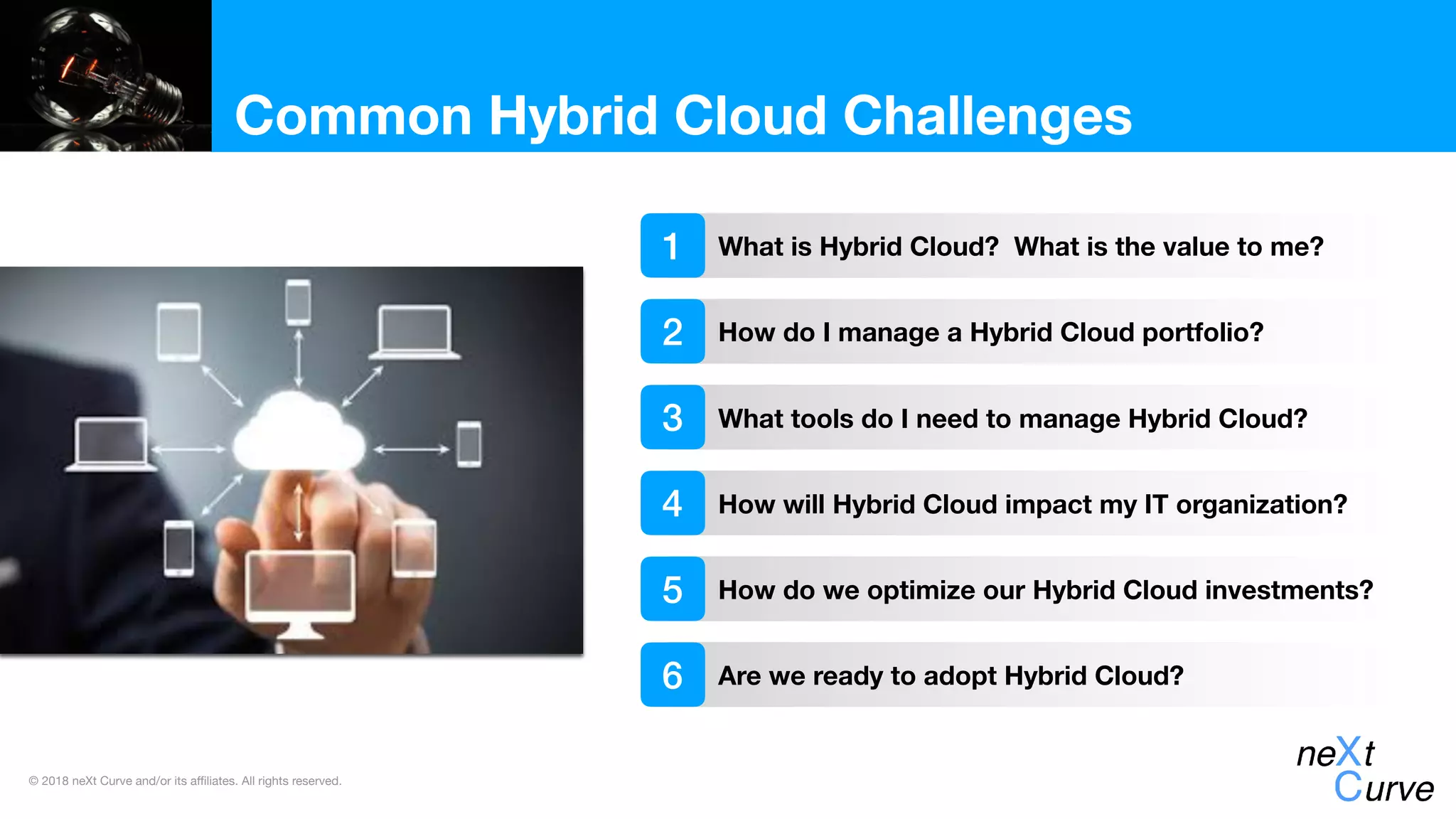 © 2018 neXt Curve and/or its affiliates. All rights reserved.
Common Hybrid Cloud Challenges
What is Hybrid Cloud? What is the value to me?
How do I manage a Hybrid Cloud portfolio?
What tools do I need to manage Hybrid Cloud?
1
2
3
How will Hybrid Cloud impact my IT organization?4
How do we optimize our Hybrid Cloud investments?5
Are we ready to adopt Hybrid Cloud?6
 