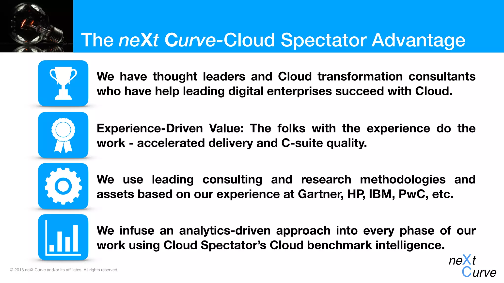 © 2018 neXt Curve and/or its affiliates. All rights reserved.
The neXt Curve-Cloud Spectator Advantage
We have thought leaders and Cloud transformation consultants
who have help leading digital enterprises succeed with Cloud.
Experience-Driven Value: The folks with the experience do the
work - accelerated delivery and C-suite quality.
We use leading consulting and research methodologies and
assets based on our experience at Gartner, HP, IBM, PwC, etc.
We infuse an analytics-driven approach into every phase of our
work using Cloud Spectator’s Cloud benchmark intelligence.
 