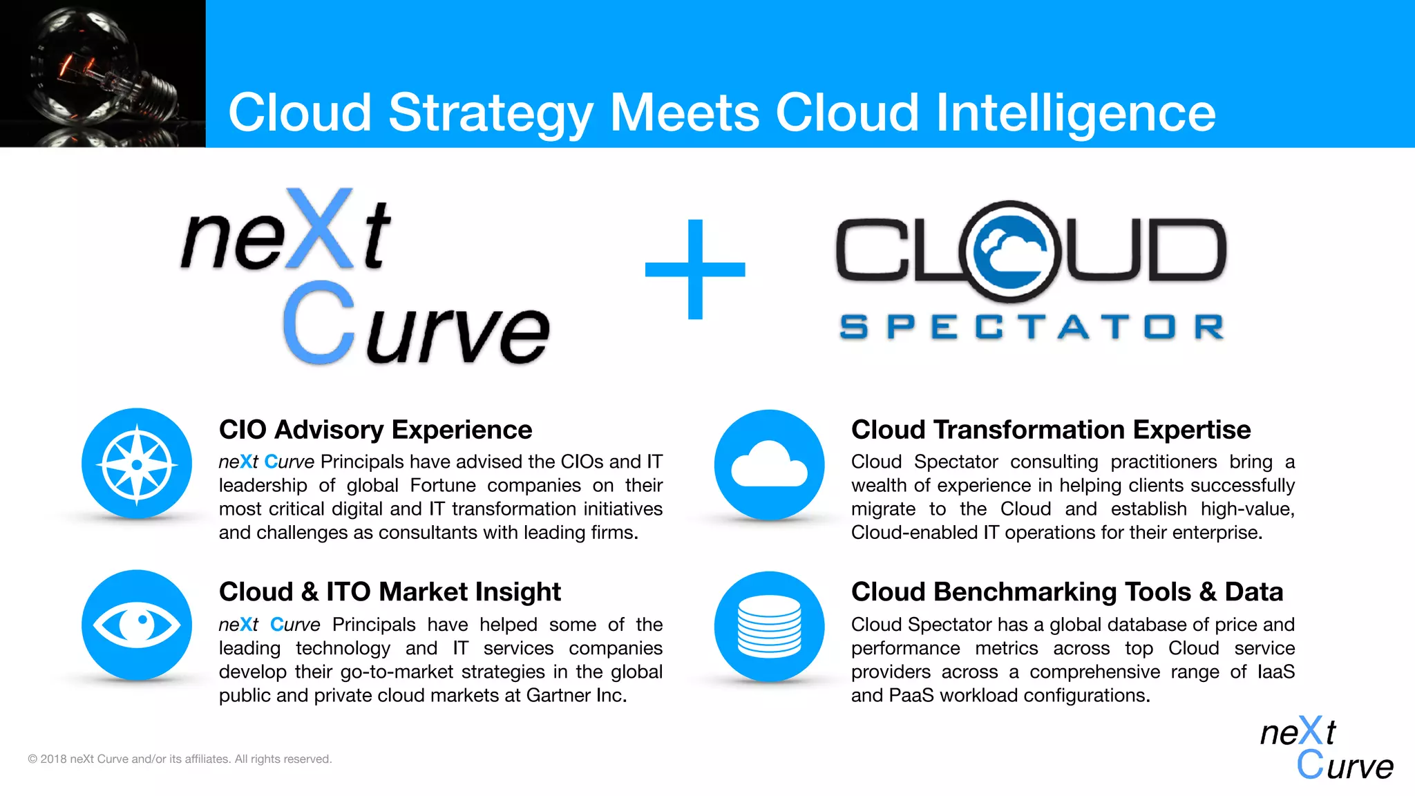 © 2018 neXt Curve and/or its affiliates. All rights reserved.
Cloud Strategy Meets Cloud Intelligence
CIO Advisory Experience
Cloud & ITO Market Insight
Cloud Transformation Expertise
Cloud Benchmarking Tools & Data
neXt Curve Principals have advised the CIOs and IT
leadership of global Fortune companies on their
most critical digital and IT transformation initiatives
and challenges as consultants with leading ﬁrms.
neXt Curve Principals have helped some of the
leading technology and IT services companies
develop their go-to-market strategies in the global
public and private cloud markets at Gartner Inc.
Cloud Spectator has a global database of price and
performance metrics across top Cloud service
providers across a comprehensive range of IaaS
and PaaS workload conﬁgurations.
Cloud Spectator consulting practitioners bring a
wealth of experience in helping clients successfully
migrate to the Cloud and establish high-value,
Cloud-enabled IT operations for their enterprise.
 