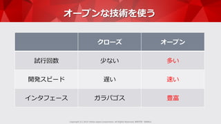 Copyright  (C)  2015  Yahoo  Japan  Corporation.  All  Rights  Reserved.  無断引⽤用・転載禁⽌止
オープンな技術を使う
クローズ オープン
試⾏行行回数 少ない 多い
開発スピード 遅い 速い
インタフェース ガラパゴス 豊富
 