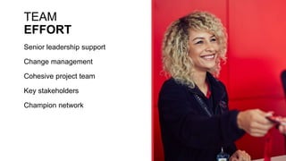 TEAM
EFFORT
Senior leadership support
Change management
Cohesive project team
Key stakeholders
Champion network
 