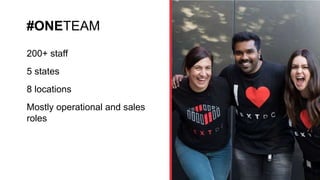 #ONETEAM
200+ staff
5 states
8 locations
Mostly operational and sales
roles
 