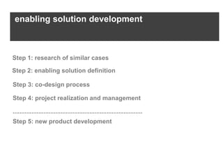 enabling solution development



Step 1: research of similar cases

Step 2: enabling solution definition

Step 3: co-design process

Step 4: project realization and management

............................................................................
Step 5: new product development
 