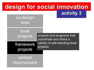 design for social innovation
                                  activity 3
   co-design
     tools

     local
    projects    projects and programs that
                coordinate and direct a
                variety of self-standing local
   framework    projects
     projects
    context
  improvement
 