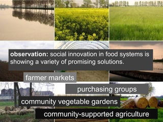 observation: social innovation in food systems is
showing a variety of promising solutions.

     farmer markets
                       purchasing groups
   community vegetable gardens
           community-supported agriculture
 