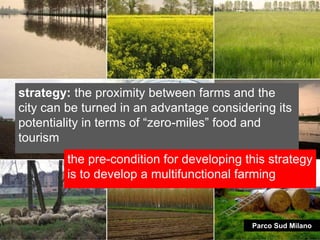 strategy: the proximity between farms and the
city can be turned in an advantage considering its
potentiality in terms of “zero-miles” food and
tourism
        the pre-condition for developing this strategy
        is to develop a multifunctional farming



                                          Parco Sud Milano
 