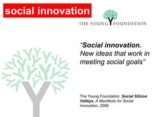 social innovation


              “Social innovation.
              New ideas that work in
              meeting social goals”



              The Young Foundation, Social Silicon
              Valleys. A Manifesto for Social
              Innovation, 2006
 