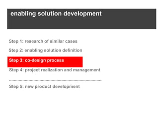 enabling solution development



Step 1: research of similar cases

Step 2: enabling solution definition

Step 3: co-design process

Step 4: project realization and management

............................................................................
Step 5: new product development
 