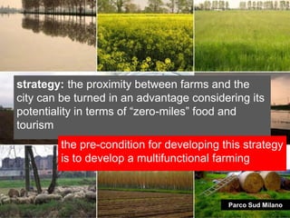 strategy: the proximity between farms and the
city can be turned in an advantage considering its
potentiality in terms of “zero-miles” food and
tourism
        the pre-condition for developing this strategy
        is to develop a multifunctional farming



                                          Parco Sud Milano
 