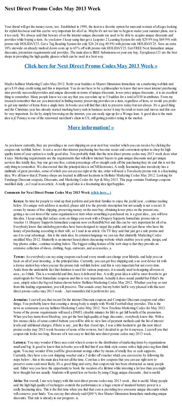 Next direct promo codes may 2013 week