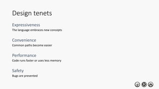 Design tenets
The language embraces new concepts
Common paths become easier
Code runs faster or uses less memory
Bugs are prevented
 
