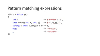 Pattern matching expressions
var s = match (o)
{
int i => $"Number {i}",
case Point(int x, int y) => $"({x},{y})",
string s when s.Length > 0 => s,
null => "<null>",
_ => "<other>"
};
 