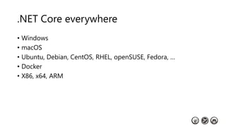 .NET Core everywhere
• Windows
• macOS
• Ubuntu, Debian, CentOS, RHEL, openSUSE, Fedora, …
• Docker
• X86, x64, ARM
 