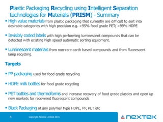 Plastic Packaging Recycling using Intelligent Separation
technologies for Materials (PRISM) - Summary
§ High value materials from plastic packaging that currently are difficult to sort into
desirable categories with high precision e.g. >95% food grade PET; >99% HDPE
§ Invisibly coded labels with high performing luminescent compounds that can be
detected with existing high speed automatic sorting equipment.
§ Luminescent materials from non-rare earth based compounds and from fluorescent
lamp recycling.
Targets
§ PP packaging used for food grade recycling
§ HDPE milk bottles for food grade recycling
§ PET bottles and thermoforms and increase recovery of food grade plastics and open up
new markets for recovered fluorescent compounds
§ Black Packaging of any polymer type HDPE, PP, PET etc
Copyright Nextek Limited 20164
 