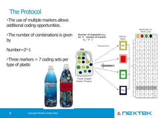 The Protocol
•The use of multiple markers allows
additional coding opportunities.
•The number of combinations is given
by
Number=2n-1
•Three markers = 7 coding sets per
type of plastic
8 Copyright Nextek Limited 2016
 