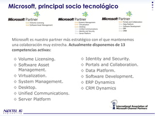 Microsoft, principal socio tecnológico




 Microsoft es nuestro partner más estratégico con el que mantenemos
 una colaboración muy estrecha. Actualmente disponemos de 13
 competencias activas:

 ◊ Volume Licensing.                  ◊   Identity and Security.
 ◊ Software Asset                     ◊   Portals and Collaboration.
   Management.                        ◊   Data Platform.
 ◊ Virtualization.                    ◊   Software Development.
 ◊ System Management.                 ◊   ERP Dynamics
 ◊ Desktop.                           ◊   CRM Dynamics
 ◊ Unified Communications.
 ◊ Server Platform

                                                                 Corporate Presentation
 