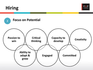 Hiring
Focus on Potential
Passion to
win
Ability to
adapt &
grow
Critical
thinking
Engaged
Capacity to
develop
Committed
Creativity
2
 