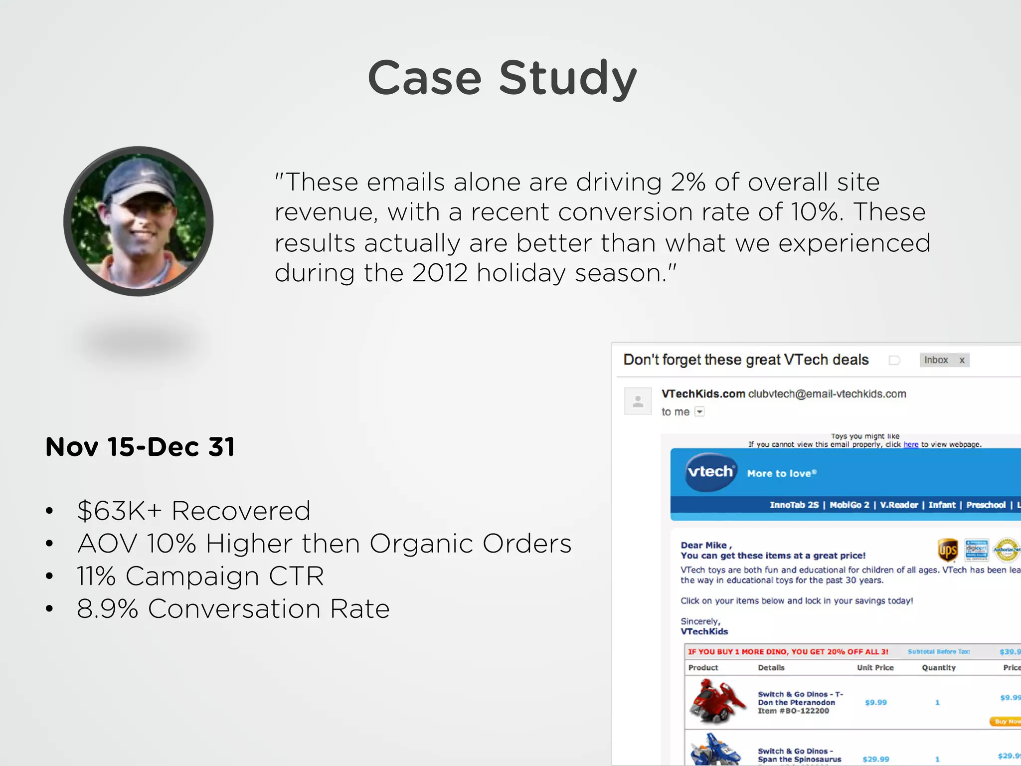 Case Study
"These emails alone are driving 2% of overall site revenue,
with a recent conversion rate of 10%. These results
actually are better than what we experienced during the
2012 holiday season."
Nov 15-Dec 31
• $63K+ Recovered
• AOV 10% Higher then Organic Orders
• 11% Campaign CTR
• 8.9% Conversation Rate
 