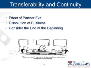 Transferability and Continuity
• Effect of Partner Exit
• Dissolution of Business
• Consider the End at the Beginning
11
 