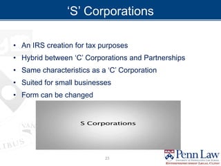‘S’ Corporations
• An IRS creation for tax purposes
• Hybrid between ‘C’ Corporations and Partnerships
• Same characteristics as a ‘C’ Corporation
• Suited for small businesses
• Form can be changed
23
 