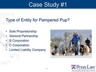 Case Study #1
Type of Entity for Pampered Pup?
• Sole Proprietorship
• General Partnership
• S Corporation
• C Corporation
• Limited Liability Company
38
 