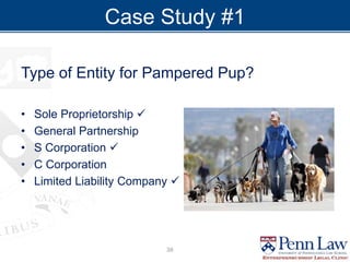 Case Study #1
Type of Entity for Pampered Pup?
• Sole Proprietorship 
• General Partnership
• S Corporation 
• C Corporation
• Limited Liability Company 
39
 