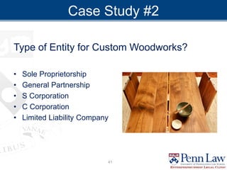 Case Study #2
Type of Entity for Custom Woodworks?
• Sole Proprietorship
• General Partnership
• S Corporation
• C Corporation
• Limited Liability Company
41
 