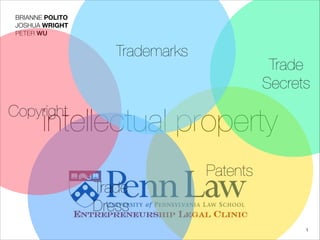 intellectual property
BRIANNE POLITO
JOSHUA WRIGHT
PETER WU
Trademarks
Trade
Secrets
Trade
Dress
Patents
Copyright
1
 