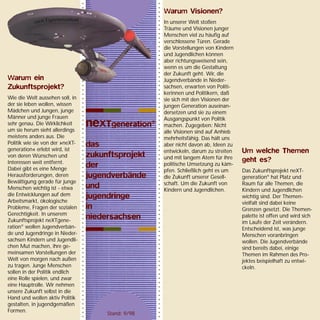 neXTgeneration®
das
zukunftsprojekt
der
jugendverbände
und
jugendringe
in
niedersachsen
○○○○○○○○○○○○○○○○○○○○○○○○○○○○○○○○○○○○○○○○○○○○○○○○○○○○○○○○○○○○○○○○○○○○○○○○○○
Warum ein
Zukunftsprojekt?
Wie die Welt aussehen soll, in
der sie leben wollen, wissen
Mädchen und Jungen, junge
Männer und junge Frauen
sehr genau. Die Wirklichkeit
um sie herum sieht allerdings
meistens anders aus. Die
Politik wie sie von der »neXT-
generation« erlebt wird, ist
von deren Wünschen und
Interessen weit entfernt.
Dabei gibt es eine Menge
Herausforderungen, deren
Bewältigung gerade für junge
Menschen wichtig ist - etwa
die Entwicklungen auf dem
Arbeitsmarkt, ökologische
Probleme, Fragen der sozialen
Gerechtigkeit. In unserem
Zukunftsprojekt neXTgene-
ration®
wollen Jugendverbän-
de und Jugendringe in Nieder-
sachsen Kindern und Jugendli-
chen Mut machen, ihre ge-
meinsamen Vorstellungen der
Welt von morgen nach außen
zu tragen. Junge Menschen
sollen in der Politik endlich
eine Rolle spielen, und zwar
eine Hauptrolle. Wir nehmen
unsere Zukunft selbst in die
Hand und wollen aktiv Politik
gestalten, in jugendgemäßen
Formen.
○○○○○○○○○○○○○○○○○○○○○○○○○○○○○○○○○○○○○○○○○○○○○○○○○○○○○○○○○○○○○○○○○○○○○○○○○○
Stand: 9/98
Warum Visionen?
In unserer Welt stoßen
Träume und Visionen junger
Menschen viel zu häufig auf
verschlossene Türen. Gerade
die Vorstellungen von Kindern
und Jugendlichen können
aber richtungsweisend sein,
wenn es um die Gestaltung
der Zukunft geht. Wir, die
Jugendverbände in Nieder-
sachsen, erwarten von Politi-
kerinnen und Politikern, daß
sie sich mit den Visionen der
jungen Generation auseinan-
dersetzen und sie zu einem
Ausgangspunkt von Politik
machen. Zugegeben: Nicht
alle Visionen sind auf Anhieb
mehrheitsfähig. Das hält uns
aber nicht davon ab, Ideen zu
entwickeln, darum zu streiten
und mit langem Atem für ihre
politische Umsetzung zu käm-
pfen. Schließlich geht es um
die Zukunft unserer Gesell-
schaft. Um die Zukunft von
Kindern und Jugendlichen.
Um welche Themen
geht es?
Das Zukunftsprojekt neXT-
generation®
hat Platz und
Raum für alle Themen, die
Kindern und Jugendlichen
wichtig sind. Der Themen-
vielfalt sind dabei keine
Grenzen gesetzt. Die Themen-
palette ist offen und wird sich
im Laufe der Zeit verändern.
Entscheidend ist, was junge
Menschen voranbringen
wollen. Die Jugendverbände
sind bereits dabei, einige
Themen im Rahmen des Pro-
jektes beispielhaft zu entwi-
ckeln.
 
