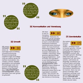 Ich will nicht,
dass von sauberem
Wasser, reiner Luft
und gesunden Wäldern
nur noch in Ge-
schichtsbüchern zu
lesen ist.
„
“
Mit unserer
Umwelt
stehen wir
noch lange nicht im Einklang:
Umweltverschmutzung,
Ressourcenvergeudung,
ungelöste Fragen wie Endlage-
rung usw. belasten gerade die
nächsten Generationen. Eine
»intakte« Umwelt, Mobilität,
ganzheitliche und nachhaltige
Entscheidungen sowie eine
gesunde Lebensgestaltung
gehören zu den Essentials
einer zukunftsfähigen
Umweltpolitik. Darüber
wird bisher noch mehr geredet
als gehandelt.
Die meisten
Entschei-
dungen
werden - zumindest formal -
in Gremien getroffen. Oftmals
wird jungen Menschen von
Erwachsenen der Zugang zu
Gremien erschwert oder
unmöglich gemacht. Allerdings
haben auch junge Leute
häufig keine Lust, dort mitzu-
arbeiten, weil Gremien als
langweilig, formalistisch und
verkrustet gelten und häufig
genug auch sind. Es gibt aber
auch andere, lebendigere und
interessantere Arbeitsformen
für Gremien. Wenn man sich
darauf verständigt, haben
Erwachsene und junge Leute
gleichermaßen etwas davon.
So kann Demokratie
Spass machen, ohne dass die
Inhalte darunter leiden.
Wir leben
in einer In-
formations-
gesellschaft. Weltweiter Da-
tentransfer und die Verfügbar-
keit von Informationen
in kaum zu kontrollierenden
Datennetzen bestimmen
zunehmend unsere Kommuni-
kation. Die neuen Kommuni-
kationswege eröffnen unzähli-
ge neue Möglichkeiten: sie
verändern Arbeitsplätze, Be-
rufsbilder, Lebenswege. Damit
gewinnen gleichberechtigte
Zugangsmöglichkeiten - auch
für Kinder und Jugendliche -
zu den Informationsdiensten
und die Befähigung zum
kompetenten Um-
gang mit diesen Medien an
Bedeutung. Zugänge zu
Datennetzen und eigene
Netzwerke müssen auch in der
Jugendarbeit verwirklicht
werden. Dazu braucht´s die
Technik, das Know-how und
das Interesse an Vernetzung.
In meiner Welt
ist für alle Platz - ganz
egal, wo jemand her-
kommt, an was er oder sie
glaubt, ob Mann oder
Frau, homo- oder he-
terosexuell.
„
“
[5] Umwelt[5] Umwelt[5] Umwelt[5] Umwelt[5] Umwelt
Ich möchte,
dass meine Eltern zu-
sammen bleiben und
ich wünsche mir gute
Freunde, die immer für
mich da sind, wenn
ich sie brauche.
„
[6] Kommunikation und Vernetzung[6] Kommunikation und Vernetzung[6] Kommunikation und Vernetzung[6] Kommunikation und Vernetzung[6] Kommunikation und Vernetzung
[7] Gremienkultur[7] Gremienkultur[7] Gremienkultur[7] Gremienkultur[7] Gremienkultur
 