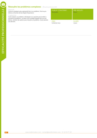 Résoudre les problèmes complexes - Efficacité professionnelle

efficacité professionnelle

Objectifs

Choisir la stratégie la plus appropriée face à un problème ; Trier les problèmes en fonction de leur degré d’importance.

public concerné :

pré-requis :

Prix :

durée :

Tout public.

Aucun.

Programme

Savoir analyser un problème ; Développer ses capacités personnelles à
résoudre les problèmes ; Se doter d’une stratégie adaptée face aux problèmes ; Générer des options pour résoudre un problème ; Savoir prendre
une décision.

40

Contactez-nous

www.nextformation.com - contact@nextformation.com - 01 42 03 77 00

2 jours

 