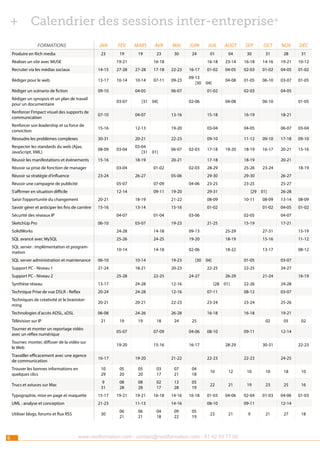 ++ Calendrier des sessions inter-entreprise*
Formations

jan

fév

mars

avr

mai

juin

juil

août

sep

oct

nov

déc

23

19

19

23

30

24

01

04

30

31

28

31

16-18

23-14

16-18

14-16

19-21

10-12

Recruter via les médias sociaux

14-15

27-28

27-28

17-18

22-23

16-17

01-02

04-05

02-03

01-02

04-05

01-02

Rédiger pour le web

13-17

10-14

10-14

07-11

09-23

09-13
[30

04-08

01-05

06-10

03-07

01-05

Rédiger un scénario de fiction

09-10

Produire en Rich media
Réaliser un site avec MUSE

19-21

Rédiger un synopsis et un plan de travail
pour un documentaire

16-18

04-05
03-07

[31

06-07
04]

04]
01-02

02-06

02-03
04-08

04-05
06-10

01-05

Renforcer l’impact visuel des supports de
communication

07-10

04-07

13-16

15-18

16-19

18-21

Renforcer son leadership et sa force de
conviction

15-16

12-13

19-20

03-04

04-05

06-07

03-04

Résoudre les problèmes complexes

22-23

09-10

11-12

09-10

17-18

09-10

18-19

16-17

20-21

15-16

30-31

20-21

Respecter les standards du web (Ajax,
JavaScript, XML)

08-09

03-04
[31

Réussir les manifestations et évènements

15-16

Réussir sa prise de fonction de manager
Réussir sa stratégie d’influence

03-04

01]

18-19
03-04

23-24

06-07

02-03

20-21
01-02

26-27
05-07

02-03

07-09

S’affirmer en situation difficile

12-14

09-11

19-20

17-18

18-19

04-06
19-20

28-29

25-26

29-30

05-06

Réussir une campagne de publicité

17-18

29-30

23-25

23-25

29-31

Saisir l’opportunité du changement

20-21

18-19

21-22

15-16

13-14

15-16

[29

08-09

Savoir gérer et anticiper les fins de carrière

01-02

Sécurité des réseaux IP

04-07

SketchUp Pro

06-10

01-04
03-07

10-11

23-24

18-19
26-27
25-27

01]

26-28

08-09

13-14

08-09

01-02

03-06
19-23

20-21

04-05

01-02

02-05

04-07

15-19

21-25

17-21

SolidWorks

24-28

14-18

09-13

25-29

27-31

15-19

SQL avancé avec MySQL

25-26

24-25

19-20

18-19

15-16

11-12

SQL server : implémentation et programmation

10-14

14-18

02-06

18-22

13-17

08-12

SQL server administration et maintenance

06-10

Support PC - Niveau 1

21-24

Support PC - Niveau 2

10-14

19-23

18-21
25-28

[30

20-23
22-25

04]

01-05

22-25
24-27

22-25
26-29

16-19

Synthèse réseau

13-17

24-28

12-16

22-26

24-28

20-24

24-28

12-16

07-11

08-12

03-07

Techniques de créativité et le brainstorming

20-21

20-21

22-23

23-24

23-24

25-26

Technologies d’accès ADSL, xDSL

06-08

16-18

16-18

21

24-26
19

19

26-28
18

24

25

Tourner et monter un reportage vidéo
avec un réflex numérique

05-07

07-09

04-06

Tourner, monter, diffuser de la vidéo sur
le Web

19-20

15-16

16-17

19-20

21-22

19-21
02

16-17

Travailler efficacement avec une agence
de communication

01]

24-27
21-24

Technique Prise de vue DSLR - Reflex

Télévision sur IP

[28

03-07

08-10

09-11
28-29

22-23

05

02

12-14
30-31

22-23

22-23
24-25

Trouver les bonnes informations en
quelques clics

10
29

05
20

05
20

03
17

07
21

04
18

10

12

10

10

18

10

Trucs et astuces sur Mac

9
31

08
28

08
28

02
17

13
28

05
19

22

21

19

23

25

16

Typographie, mise en page et maquette

15-17

19-21

19-21

16-18

14-16

16-18

01-03

04-06

02-04

01-03

04-06

01-03

UML : analyse et conception

21-23

Utiliser blogs, forums et flux RSS

6

30

11-13
06
21

06
21

14-16
04
18

09
22

08-10
05
19

23

09-11
21

www.nextformation.com - contact@nextformation.com - 01 42 03 77 00

9

12-14
21

27

18

 