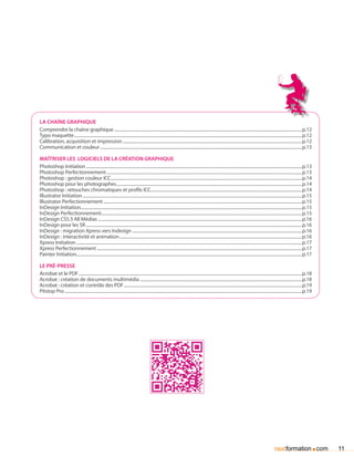 la chaîne graphique
Comprendre la chaîne graphique...............................................................................................................................................................................p.12
Typo maquette....................................................................................................................................................................................................................p.12
Calibration, acquisition et impression.......................................................................................................................................................................p.12
Communication et couleur............................................................................................................................................................................................p.13

maîtriser les logiciels de la création graphique
Photoshop Initiation.........................................................................................................................................................................................................p.13
Photoshop Perfectionnement......................................................................................................................................................................................p.13
Photoshop : gestion couleur ICC..................................................................................................................................................................................p.14
Photoshop pour les photographes.............................................................................................................................................................................p.14
Photoshop : retouches chromatiques et profils ICC.............................................................................................................................................p.14
Illustrator Initiation............................................................................................................................................................................................................p.15
Illustrator Perfectionnement.........................................................................................................................................................................................p.15
InDesign Initiation..............................................................................................................................................................................................................p.15
InDesign Perfectionnement...........................................................................................................................................................................................p.15
InDesign CS5.5 All Médias..............................................................................................................................................................................................p.16
InDesign pour les SR.........................................................................................................................................................................................................p.16
InDesign : migration Xpress vers Indesign ..............................................................................................................................................................p.16
InDesign : interactivité et animation..........................................................................................................................................................................p.16
Xpress Initiation..................................................................................................................................................................................................................p.17
Xpress Perfectionnement...............................................................................................................................................................................................p.17
Painter Initiation.................................................................................................................................................................................................................p.17

le pré-presse
Acrobat et le PDF................................................................................................................................................................................................................p.18
Acrobat : création de documents multimédia.......................................................................................................................................................p.18
Acrobat : création et contrôle des PDF......................................................................................................................................................................p.19
Pitstop Pro.............................................................................................................................................................................................................................p.19




                                                                                                                                                                                                           nextformation com               .   11
 