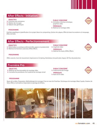 After Effects - Initiation
   Objectifs                                                              Public concerné
ÌÌ Concevoir des animations                                                                                                     5 jours
                                                                       ÌÌ Animateur, directeur artistique,
ÌÌ Réaliser des trucages                                                  graphiste vidéo
ÌÌ élaborer des génériques
                                                                          Prérequis
                                                                       ÌÌ Maîtriser le montage vidéo
   Programme
Interface graphique et planification d’un projet, Bases du compositing, Gestion de calques, Effets de base Incrustations et masquage,
Effets de texte.




 After Effects - Perfectionnement
   Objectifs                                                               Public concerné
ÌÌ Rationnaliser sa pratique professionnelle, gagner en productivité    ÌÌ Graphiste vidéo                                     3 jours
ÌÌ Maîtriser les fonctions avancées d’After Effects                        Prérequis
                                                                        ÌÌ Maîtriser les bases d’After Effects

   Programme
Effets avancés, Suivi de mouvement, Expressions et Scripting, Générateurs de particules, Espace 3D Flux de production.




 Première Pro
   Objectifs                                                               Public concerné
ÌÌ Maîtriser les fonctionnalités du montage vidéo                       ÌÌ Professionnel de l’image                            5 jours
ÌÌ Connaître les procédures d’un système de montage virtuel                Prérequis
                                                                        ÌÌ Bases de la vidéo

    Programme
Bases de la vidéo, Préparation, Méthodologie de montage, Prise en main de l’interface, Techniques de montage, Mixer l’audio, Création de
titres, Effets et animations, Exportation et partage de fichiers.




                                                                                                                              .
                                                                                                                 nextformation com         45
 