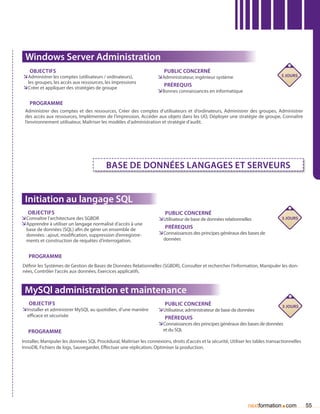 Windows Server Administration
   Objectifs                                                            Public concerné
ÌÌAdministrer les comptes (utilisateurs / ordinateurs),              ÌÌAdministrateur, ingénieur système                            5 jours
  les groupes, les accès aux ressources, les impressions
ÌÌCréer et appliquer des stratégies de groupe                           Prérequis
                                                                     ÌÌBonnes connaissances en informatique

   Programme
 Administrer des comptes et des ressources, Créer des comptes d’utilisateurs et d’ordinateurs, Administrer des groupes, Administrer
 des accès aux ressources, Implémenter de l’impression, Accéder aux objets dans les UO, Déployer une stratégie de groupe, Connaître
 l’environnement utilisateur, Maîtriser les modèles d’administration et stratégie d’audit.




                                           Base de données langages et serveurs


 Initiation au langage SQL
   Objectifs                                                             Public concerné
ÌÌConnaître l’architecture des SGBDR                                  ÌÌUtilisateur de base de données relationnelles                3 jours
ÌÌApprendre à utiliser un langage normalisé d’accès à une
  base de données (SQL) afin de gérer un ensemble de                     Prérequis
  données : ajout, modification, suppression d’enregistre-            ÌÌConnaissances des principes généraux des bases de
  ments et construction de requêtes d’interrogation.                    données


   Programme
Définir les Systèmes de Gestion de Bases de Données Relationnelles (SGBDR), Consulter et rechercher l’information, Manipuler les don-
nées, Contrôler l’accès aux données, Exercices applicatifs.



 MySQl administration et maintenance
   Objectifs                                                            Public concerné                                         3 jours
ÌÌInstaller et administrer MySQL au quotidien, d’une manière         ÌÌUtilisateur, administrateur de base de données
  efficace et sécurisée                                                 Prérequis
                                                                     ÌÌConnaissances des principes généraux des bases de données
   Programme                                                            et du SQL

Installer, Manipuler les données SQL Procédural, Maîtriser les connexions, droits d’accès et la sécurité, Utiliser les tables transactionnelles
InnoDB, Fichiers de logs, Sauvegarder, Effectuer une réplication, Optimiser la production.




                                                                                                                   nextformation com.             55
 