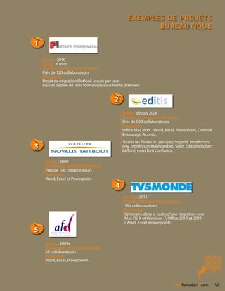 exemples de projets
                                                           bureautique

1

    Année : 2010
    Durée : 6 mois
    Nombre de personnes formées :
    Près de 120 collaborateurs
    Formation:
    Projet de migration Outlook assuré par une
    équipe dédiée de trois formateurs sous forme d’ateliers


                                            2
                                                 Durée : depuis 2008
                                                 Nombre de personnes formées :
                                                 Près de 500 collaborateurs
                                                 Formation:
                                                 Office Mac et PC (Word, Excel, PowerPoint, Outlook
                                                 Entourage, Access).
                                                 Toutes les filiales du groupe ( Sogedif, Interforum
3                                                Ivry, Interforum Malesherbes, Sejer, Editions Robert
                                                 Laffont) nous font confiance.

     Année : 2009
     Nombre de personnes formées :
     Près de 100 collaborateurs
     Formation:
     Word, Excel et Powerpoint
                                             4
                                                  Année : 2011
                                                  Nombre de personnes formées :
                                                  350 collaborateurs
                                                  Formation:
                                                  Séminaire dans le cadre d’une migration vers
                                                  Mac OS X et Windows 7, Office 2010 et 2011
                                                  ( Word, Excel, Powerpoint).
5
     Année : 2009a
     Nombre de personnes formées :
     50 collaborateurs
     Formation:
     Word, Excel, Powerpoint.




                                                                                            .
                                                                              nextformation com         VII
 