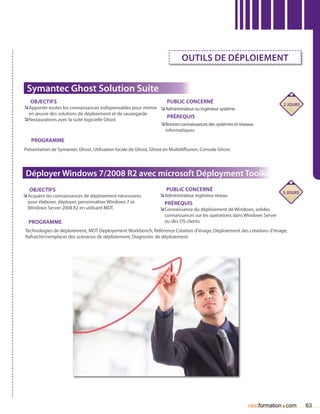 outils de déploiement


 Symantec Ghost Solution Suite
   Objectifs                                                      Public concerné                                          2 jours
ÌÌApporter toutes les connaissances indispensables pour mettre ÌÌAdministrateur ou ingénieur système
  en œuvre des solutions de déploiement et de sauvegarde
                                                                  Prérequis
ÌÌRestaurations avec la suite logicielle Ghost
                                                               ÌÌBonnes connaissances des systèmes et réseaux
                                                                    informatiques

   Programme
Présentation de Symantec Ghost, Utilisation locale de Ghost, Ghost en Multidiffusion, Console Ghost.




 Déployer Windows 7/2008 R2 avec microsoft Déployment Toolkit
   Objectifs                                                        Public concerné
                                                                                                                           5 jours
ÌÌAcquérir les connaissances de déploiement nécessaires          ÌÌAdministrateur, ingénieur réseau
  pour élaborer, déployer, personnaliser Windows 7 et              Prérequis
  Windows Server 2008 R2 en utilisant MDT.                       ÌÌConnaissance du déploiement de Windows, solides
                                                                    connaissances sur les opérations dans Windows Server
  Programme                                                         ou des OS clients
Technologies de déploiement, MDT Deployement Workbench, Référence Création d’Image, Déploiement des créations d’Image,
Rafraîchir/remplacer des scénarios de déploiement, Diagnostic de déploiement.




                                                                                                          nextformation com.         63
 