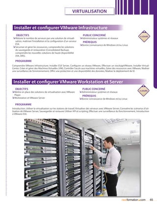 Virtualisation


  Installer et configurer VMware Infrastructure
   Objectifs                                                              Public concerné                                              4 jours
ÌÌRéduire le nombre de serveurs par une solution de virtuali-          ÌÌAdministrateur systèmes et réseaux
  sation, maîtriser l’installation et la configuration d’un serveur       Prérequis
  ESX.                                                                 ÌÌBonne connaissance de Windows et/ou Linux
ÌÌSécuriser et gérer les ressources, comprendre les solutions
  de sauvegarde et restauration (Consolidated Backup),
  comprendre les nouvelles solutions de haute disponibilité
  (HA, DRS).

   Programme
Comprendre VMware Infrastructure, Installer ESX Server, Configurer un réseau VMware, Effectuer un stockageVMware, Installer Virtual-
Center, Créer et gérer des Machines Virtuelles (VM), Contrôler l’accès aux machines virtuelles, Gérer des ressources avec VMware, Réaliser
une surveillance de l’environnement, Offrir une protection et une disponibilité des données, Réaliser le déploiement de VI.



 Installer et configurer VMware Workstation et Server
   Objectifs                                                              Public concerné
                                                                                                                                      4 jours
ÌÌMettre en place des solutions de virtualisation avec VMware         ÌÌAdministrateur systèmes et réseaux
  Player                                                                  Prérequis
ÌÌWorkstation et VMware Server                                         ÌÌBonne connaissance de Windows et/ou Linux

   Programme
Introduction, Utiliser la virtualisation sur les stations de travail, Virtualiser des serveurs avec VMware Server, Connaître les scénarios d’uti-
lisation de VMware Server, Sauvegarder et restaurer Utiliser API et scripting, Effectuer une surveillance du fonctionnement, Introduction
à VMware ESX.




                                                                                                                   nextformation com .              65
 