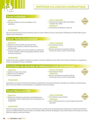 Maîtriser les logiciels bureautique


      Excel Initiation
        Objectifs                                                               Public concerné
                                                                             ÌÌ Toute personne devant gérer des budgets,                  2 jours
     ÌÌ Gérer des chiffres sous forme de tableaux et de
        graphiques                                                              manipuler des chiffres
                                                                                Prérequis
                                                                             ÌÌ Connaissance de Windows ou Mac OS
        Programme
     Découvrir l’environnement ,Saisir les données, textes ou valeurs, Mettre en forme, Calculer,Gérer l’affichage de la feuille, Editer des gra-
     phiques, Gérer l’impression.


      Excel Perfectionnement
        Objectifs                                                               Public concerné
     ÌÌ Maîtriser les fonctionnalités avancées de l’outil                    ÌÌ Tout utilisateur d’Excel                                  2 jours
     ÌÌ Optimiser son travail pour réaliser des documents
                                                                                Prérequis
        professionnels
                                                                             ÌÌ Bonnes connaissances et pratique d’Excel :
     ÌÌ Concevoir des tableaux de calculs complexes et exploiter les
                                                                                formules de calculs, travail en multi-feuilles
        outils de simulation, éditer des graphiques élaborés, s’initier
        aux bases de données


        Programme
     établir des formules complexes, Protéger et partager ses données, Exploiter les listes, filtres et tris, Donner de l’impact à ses graphiques,
     S’initier au langage des macro-commandes.


      Excel Base de données et tableaux croisés dynamiques
        Objectifs                                                               Public concerné
     ÌÌ Exploiter les bases de données                                       ÌÌ Tout utilisateur d’Excel                                  2 jours
     ÌÌ Mise en forme de tableaux                                               Prérequis
     ÌÌ Créer des graphiques                                                 ÌÌ Bonnes connaissances et pratique d’Excel :
                                                                                formules de calculs, travail en multi-feuilles

        Programme
     Généralités d’une base de données Excel, Création et exploitation d’une base de données, Généralités d’un tableau croisé dynamique,
     Mise en forme du tableau croisé dynamique, Les graphiques croisés dynamiques.



      Excel Macro et VBA
        Objectifs                                                               Public concerné
                                                                             ÌÌ Tout utilisateur avancé d’Excel                       3 jours
     ÌÌ Maîtriser les méthodes et techniques de développement
        d’applications Excel en utilisant des macro-commandes et le             Prérequis
        langage VBA                                                          ÌÌ Excel - Perfectionnement ou avoir le degré d’autonomie
                                                                                équivalent

        Programme
     Définir le langage, Développer en macro-commande, Créer une fonction de calcul programmée, Programmer les objets Excel, éditer les
     structures conditionnelles et boucles, Utiliser les variables, Définir des boîtes de dialogue, Créer des formulaires, Personnaliser les menus,
     éditer des relations entre Excel et Word.



68                       .
       nextformation com 2012
 