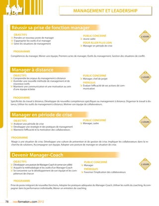 management et leadership


      Réussir sa prise de fonction manager
        Objectifs                                                           Public concerné                                          2 jours
     ÌÌ Prendre un nouveau poste de manager                              ÌÌ Jeune cadre
     ÌÌ S’approprier les outils d’un manager
     ÌÌ Gérer les situations de management                                  Pour aller plus loin
                                                                         ÌÌ Manager en période de crise

        Programme
     Compétences du manager, Mener une équipe, Premiers actes de manager, Outils du management, Gestion des situations de conflit.




      Manager à distance
        Objectifs                                                          Public concerné
                                                                                                                                     2 jours
     ÌÌ Comprendre les enjeux du management à distance                  ÌÌ Manager, chef de projet
     ÌÌ Assimiler une nouvelle méthode de management et de
       nouveaux outils                                                      Prérequis
     ÌÌ Maintenir une communication et une motivation au sein            ÌÌ évaluer l’efficacité de ses actions de com-
       d’une équipe éclatée                                                 munication


       Programme
     Spécificités du travail à distance, Développer de nouvelles compétences spécifiques au management à distance, Organiser le travail à dis-
     tance, Utiliser les outils du management à distance, Motiver son équipe de collaborateurs.



      Manager en période de crise
        Objectifs                                                          Public concerné
                                                                                                                                     2 jours
     ÌÌ Analyser une période de crise                                   ÌÌ Manager, cadre
     ÌÌ Développer une stratégie et des pratiques de management
     ÌÌ Maintenir l’efficacité et la motivation des collaborateurs

     Programme
     Réagir à une situation de crise, Développer une culture de prévention et de gestion de crise, Impliquer les collaborateurs dans la re-
     cherche de solutions, Accompagner son équipe, Adopter une posture de manager en situation de crise.



      Devenir Manager-Coach
        Objectifs                                                           Public concerné
     ÌÌ Développer une posture de Manager-Coach et cerner son utilité    ÌÌ Manager                                                  2 jours
     ÌÌ Acquérir la méthodologie et les outils d’un Manager-Coach
                                                                            Prérequis
     ÌÌ Se concentrer sur le développement de son équipe et les com-
                                                                         ÌÌ Favoriser l’implication des collaborateurs
       pétences de chacun


        Programme
     Prise de poste intégrant de nouvelles fonctions, Adopter les pratiques adéquates du Manager-Coach, Utiliser les outils du coaching, Accom-
     pagner dans la performance individuelle, Mener un entretien de coaching.




78                     .
       nextformation com 2012
 