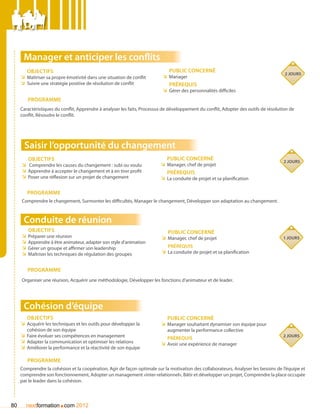 Manager et anticiper les conflits
        Objectifs                                                             Public concerné
                                                                                                                                       2 jours
     ÌÌ Maîtriser sa propre émotivité dans une situation de conflit        ÌÌ Manager
     ÌÌ Suivre une stratégie positive de résolution de conflit                Prérequis
                                                                           ÌÌ Gérer des personnalités difficiles
        Programme
     Caractéristiques du conflit, Apprendre à analyser les faits, Processus de développement du conflit, Adopter des outils de résolution de
     conflit, Résoudre le conflit.




      Saisir l’opportunité du changement
        Objectifs                                                            Public concerné                                          2 jours
     ÌÌ Comprendre les causes du changement : subi ou voulu               ÌÌ Manager, chef de projet
     ÌÌ Apprendre à accepter le changement et à en tirer profit              Prérequis
     ÌÌ Poser une réflexion sur un projet de changement                   ÌÌ La conduite de projet et sa planification

        Programme
     Comprendre le changement, Surmonter les difficultés, Manager le changement, Développer son adaptation au changement.



      Conduite de réunion
        Objectifs                                                            Public concerné
     ÌÌ Préparer une réunion                                              ÌÌ Manager, chef de projet                                  1 jours
     ÌÌ Apprendre à être animateur, adapter son style d’animation
     ÌÌ Gérer un groupe et affirmer son leadership                           Prérequis
     ÌÌ Maîtriser les techniques de régulation des groupes                ÌÌ La conduite de projet et sa planification


        Programme
     Organiser une réunion, Acquérir une méthodologie, Développer les fonctions d’animateur et de leader.




      Cohésion d’équipe
        Objectifs                                                            Public concerné
     ÌÌ Acquérir les techniques et les outils pour développer la          ÌÌ Manager souhaitant dynamiser son équipe pour
        cohésion de son équipe                                               augmenter la performance collective
     ÌÌ Faire évoluer ses compétences en management                          Prérequis                                                2 jours
     ÌÌ Adapter la communication et optimiser les relations               ÌÌ Avoir une expérience de manager
     ÌÌ Améliorer la performance et la réactivité de son équipe

        Programme
     Comprendre la cohésion et la coopération, Agir de façon optimale sur la motivation des collaborateurs, Analyser les besoins de l’équipe et
     comprendre son fonctionnement, Adopter un management «inter-relationnel», Bâtir et développer un projet, Comprendre la place occupée
     par le leader dans la cohésion.




80                      .
       nextformation com 2012
 
