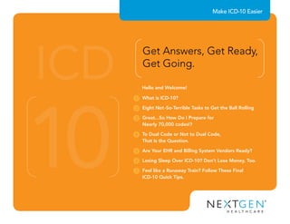 Get Answers, Get Ready,
Get Going.
What is ICD-10?
Eight Not-So-Terrible Tasks to Get the Ball Rolling
Great...So How Do I Prepare for
Nearly 70,000 codes!?
To Dual Code or Not to Dual Code,
That Is the Question.
Are Your EHR and Billing System Vendors Ready?
Losing Sleep Over ICD-10? Don’t Lose Money, Too.
Feel like a Runaway Train? Follow These Final
ICD-10 Quick Tips.
1
2
3
4
5
6
7
Hello and Welcome!
Make ICD-10 Easier
 