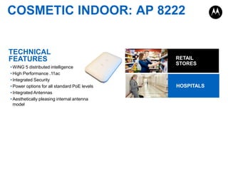 COSMETIC INDOOR: AP 8222

TECHNICAL
FEATURES
• WiNG 5 distributed intelligence
• High Performance .11ac
• Integrated Security
• Power options for all standard PoE levels
• Integrated Antennas
• Aesthetically pleasing internal antenna
model

RETAIL
STORES

HOSPITALS

 