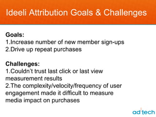 Ideeli Attribution Goals & Challenges

Goals:
1.Increase number of new member sign-ups
2.Drive up repeat purchases

Challenges:
1.Couldn’t trust last click or last view
measurement results
2.The complexity/velocity/frequency of user
engagement made it difficult to measure
media impact on purchases
 