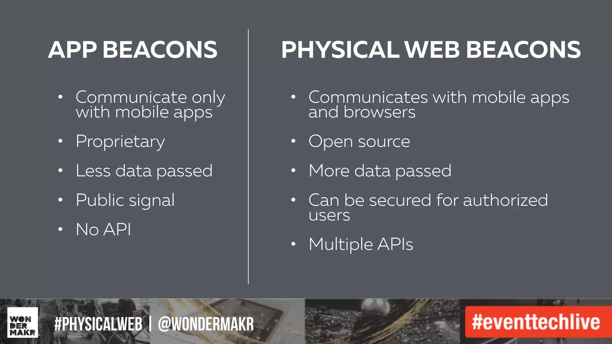 #IFCADC | #INNOVATION#physicalweb | @wondermakr
APP BEACONS PHYSICAL WEB BEACONS
• Communicate only
with mobile apps
!
• Proprietary
!
• Less data passed
!
• Public signal
!
• No API
!
!
!
!
!
• Communicates with mobile apps  
and browsers
!
• Open source
!
• More data passed
!
• Can be secured for authorized
users
!
• Multiple APIs
 