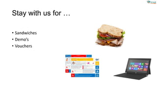 Stay with us for …
• Sandwiches
• Demo’s
• Vouchers
 