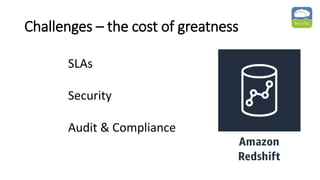 Challenges – the cost of greatness
SLAs
Security
Audit & Compliance
 
