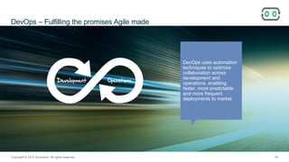 ANZ Testing
Symposium 2015
DevOps – Fulfilling the promises Agile made
10Copyright © 2015 Accenture All rights reserved.
DevOps uses automation
techniques to optimize
collaboration across
development and
operations, enabling
faster, more predictable
and more frequent
deployments to market
 