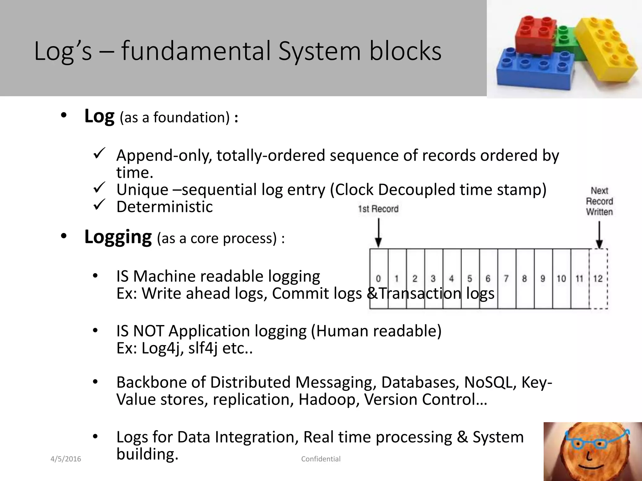 Log’s – fundamental System blocks
4/5/2016 Confidential 10
• Log (as a foundation) :
 Append-only, totally-ordered sequence of records ordered by
time.
 Unique –sequential log entry (Clock Decoupled time stamp)
 Deterministic
• Logging (as a core process) :
• IS Machine readable logging
Ex: Write ahead logs, Commit logs &Transaction logs
• IS NOT Application logging (Human readable)
Ex: Log4j, slf4j etc..
• Backbone of Distributed Messaging, Databases, NoSQL, Key-
Value stores, replication, Hadoop, Version Control…
• Logs for Data Integration, Real time processing & System
building.
 